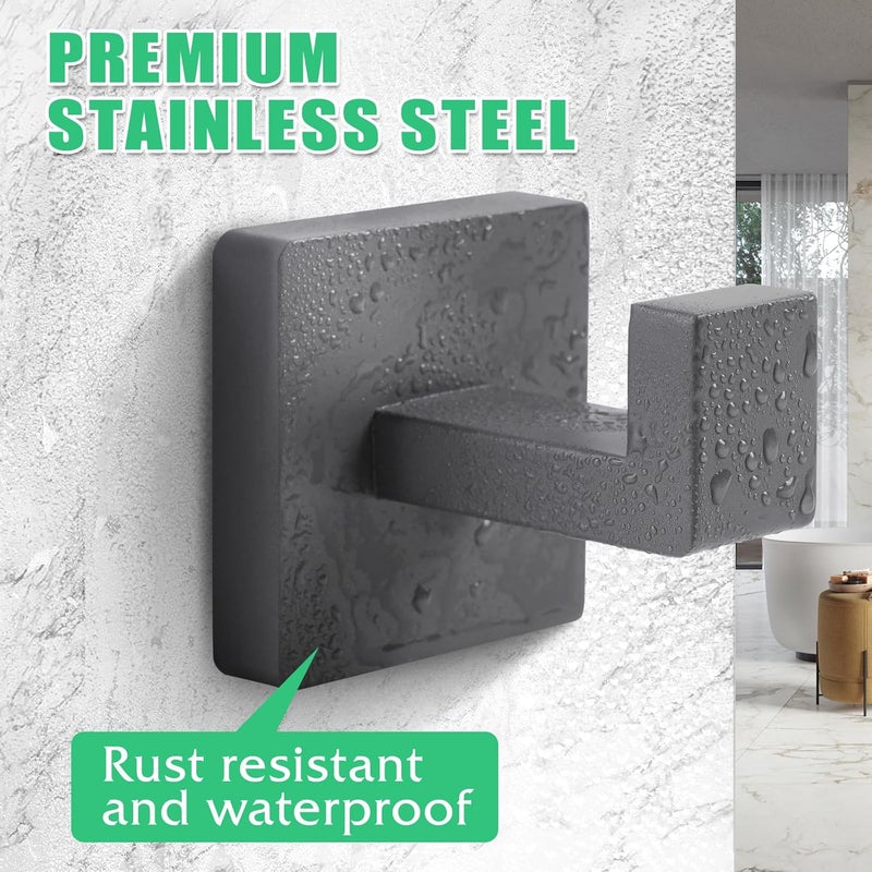 Fenas Heavy Duty Stainless Steel Towel Hooks, Wall Mounted Square Robe Hooks for Bathroom, Kitchen, Bedroom, Hotel 2 Pack Grey - Image 2